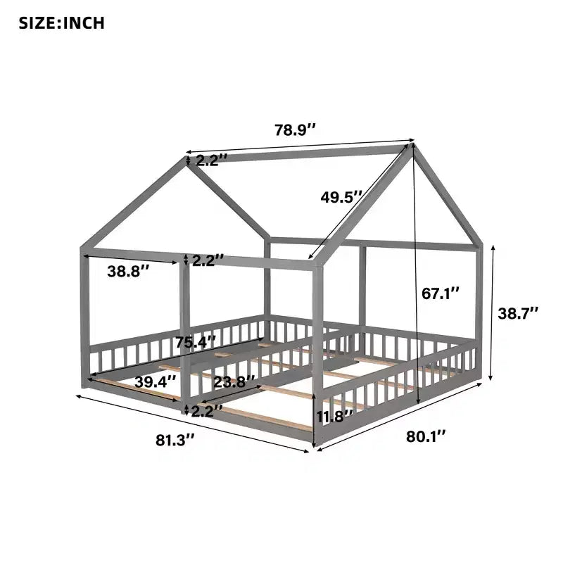 Lits plateforme en bois en forme de maison pour 2 enfants, lits jumeaux partagés pour garçons et filles