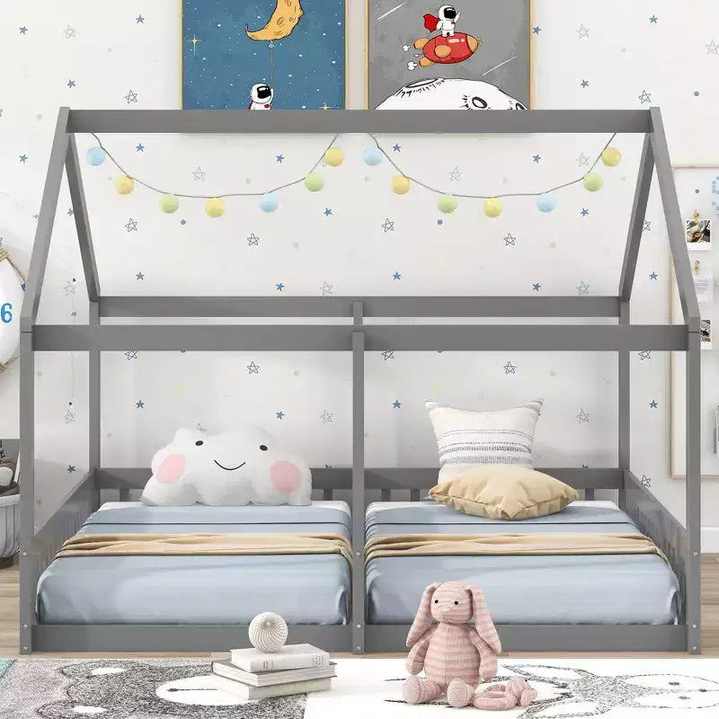 Lits plateforme en bois en forme de maison pour 2 enfants, lits jumeaux partagés pour garçons et filles