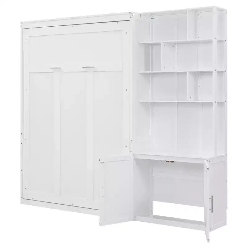 Lit escamotable pleine grandeur avec étagères de rangement, Lit mural pliant avec armoire pour chambre à coucher ou chambre d'amis, Blanc