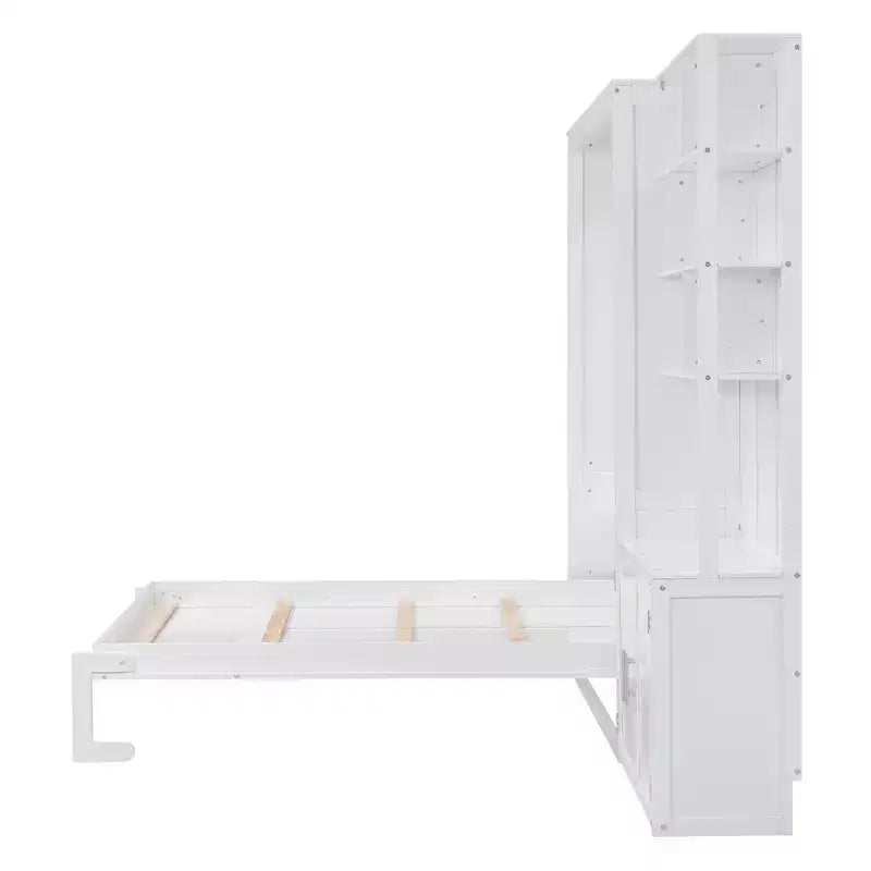 Lit escamotable pleine grandeur avec étagères de rangement, Lit mural pliant avec armoire pour chambre à coucher ou chambre d'amis, Blanc