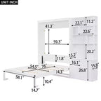 Lit escamotable pleine grandeur avec étagères de rangement, Lit mural pliant avec armoire pour chambre à coucher ou chambre d'amis, Blanc