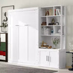 Lit escamotable pleine grandeur avec étagères de rangement, Lit mural pliant avec armoire pour chambre à coucher ou chambre d'amis, Blanc