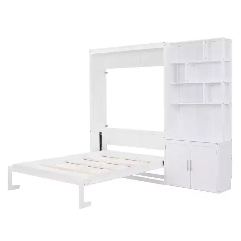 Lit escamotable pleine grandeur avec étagères de rangement, Lit mural pliant avec armoire pour chambre à coucher ou chambre d'amis, Blanc