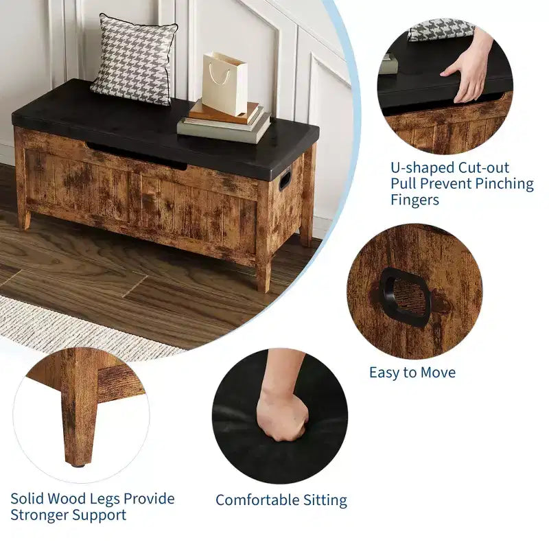 COZONY Banc de Rangement 39,4 po avec Dessus Relevable et Coussin, Banc à Chaussures en Bois pour Entrée avec 2 Charnières de Sécurité, Coffre de Rangement Charge Max. 260 lb pour Chambre à Coucher