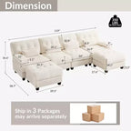 Canapé 4 places en chenille Whisen 119, canapé sectionnel et causeuse avec 2 poufs, dossier réglable, 4 coussins décoratifs