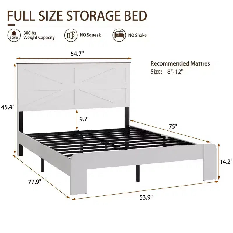 Lit plateforme Okak Natural Style toutes tailles avec tête de lit en bois de style fermier, cadre de lit moderne sans besoin de sommier tapissier