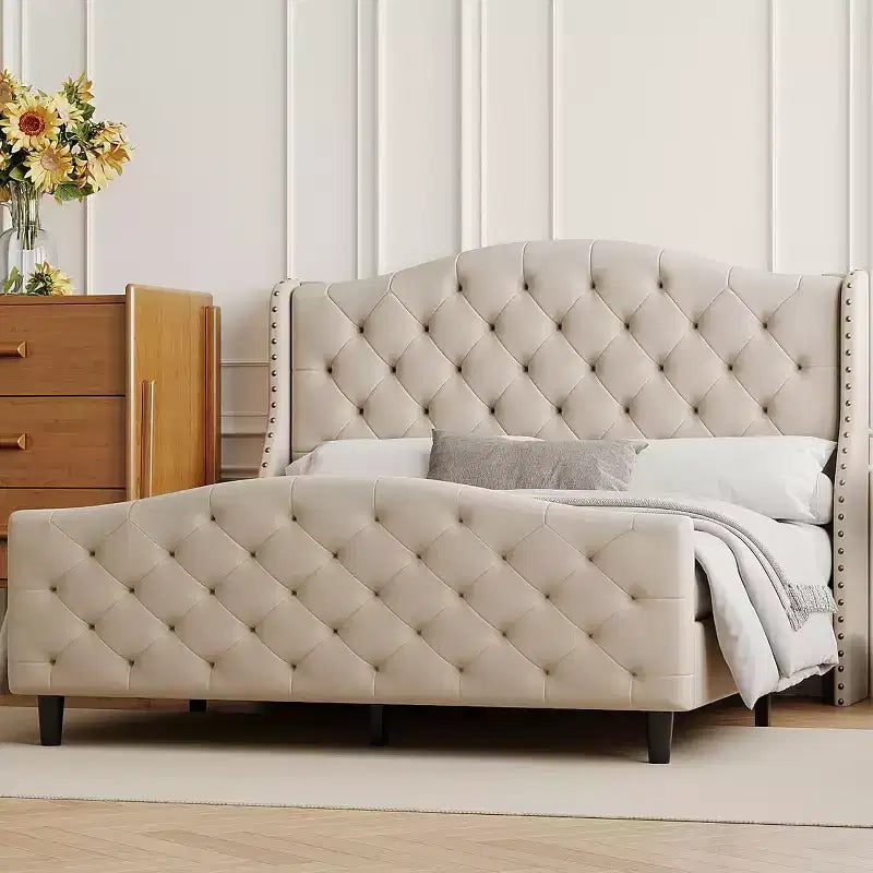 Cadre de lit plateforme Queen Size, tête de lit rembourrée en velours avec garniture cloutée, support à lattes en bois, pas besoin de sommier tapissier, montage facile, silencieux