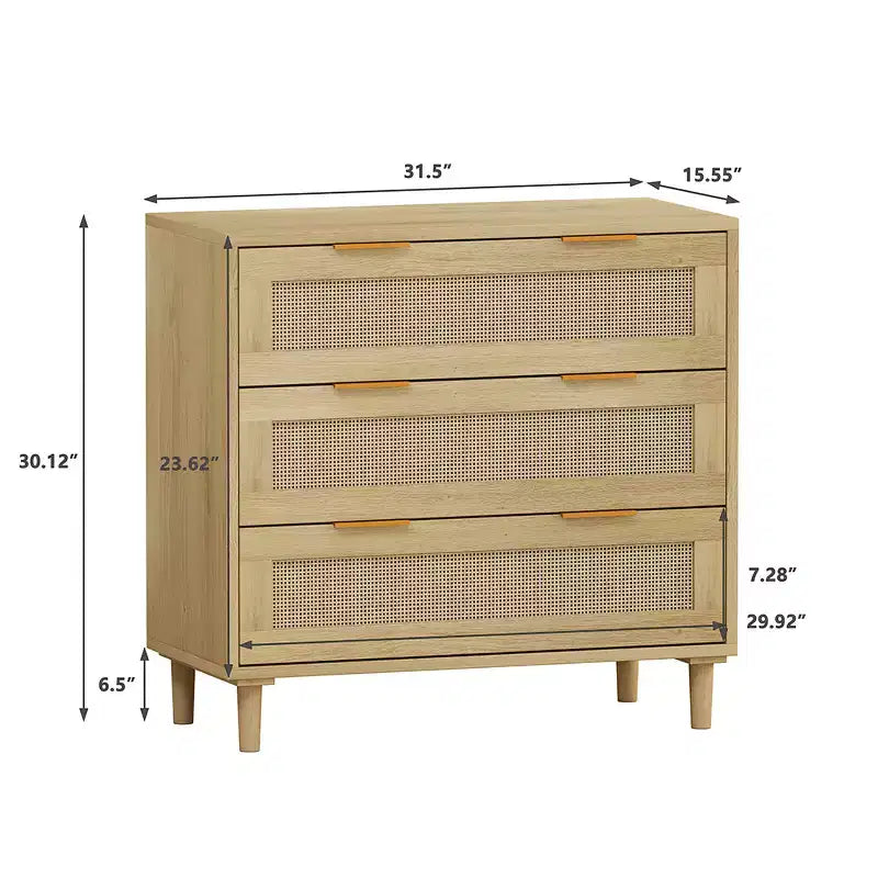 Commode à 3 tiroirs, meuble de rangement de cuisine avec 3 tiroirs profonds en rotin, buffet avec poignée en fer