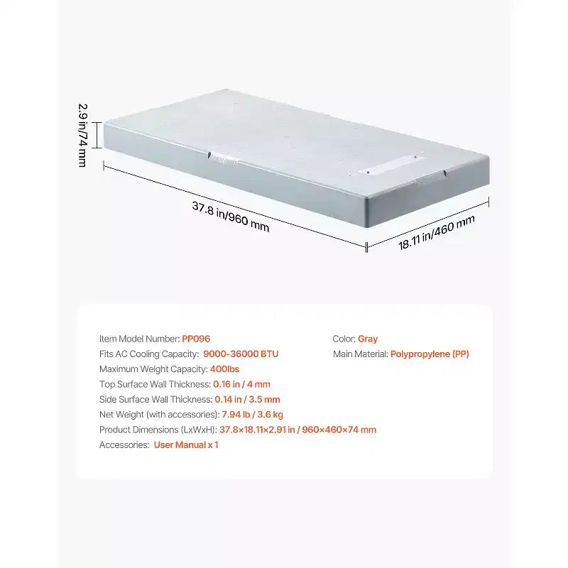 VEVOR Patin pour mini-split, pour systèmes de pompe à chaleur de climatiseur sans conduit 9000-36000 BTU, patins anti-vibration pour équipement de condenseur 38 x 18 x 3 pouces, gris