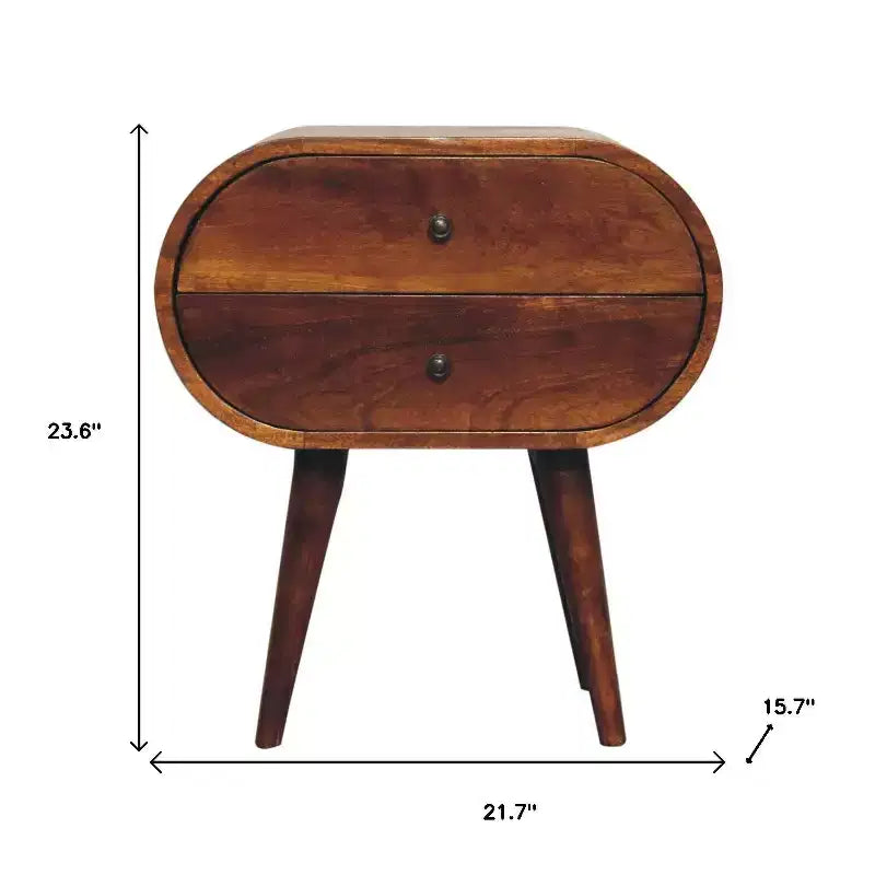 Table de chevet HomeRoots 24 ovale en bois massif de couleur châtaigne à deux tiroirs