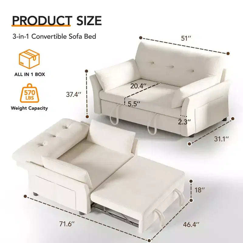 Canapé convertible Dyonery en chenille, causeuse dépliante 3-en-1 avec dossier inclinable 5 positions, poche latérale et assemblage sans outils