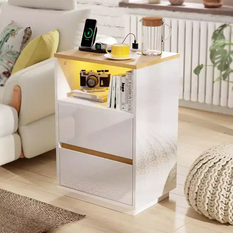 VINGLI Table de chevet blanche avec station de charge, Table de chevet LED brillante avec tiroirs, Table d'appoint