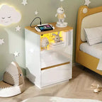 VINGLI Table de chevet blanche avec station de charge, Table de chevet LED brillante avec tiroirs, Table d'appoint