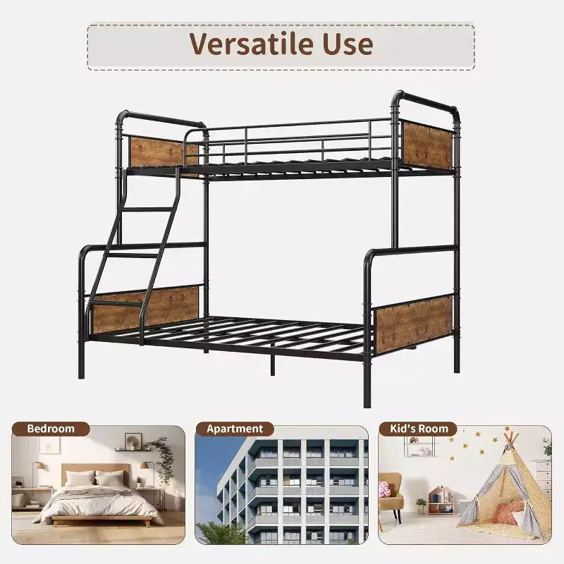 Lit superposé double, cadre robuste, avec échelle inclinée et barrières de sécurité, conception peu encombrante, lit supérieur simple et lit inférieur double.