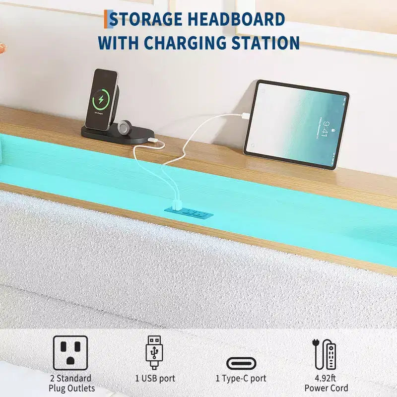 Lit rembourré Coolmee en bouclette avec éclairage LED RVB et station de recharge, tête de lit de rangement à 2 niveaux et support robuste à lattes en bois
