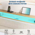 Lit rembourré Coolmee en bouclette avec éclairage LED RVB et station de recharge, tête de lit de rangement à 2 niveaux et support robuste à lattes en bois