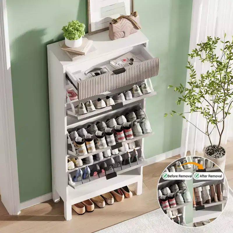 3 tiroirs abattants et 1 petit tiroir, meuble à chaussures, étagère à chaussures étroite en bois avec pieds en métal pour l'entrée