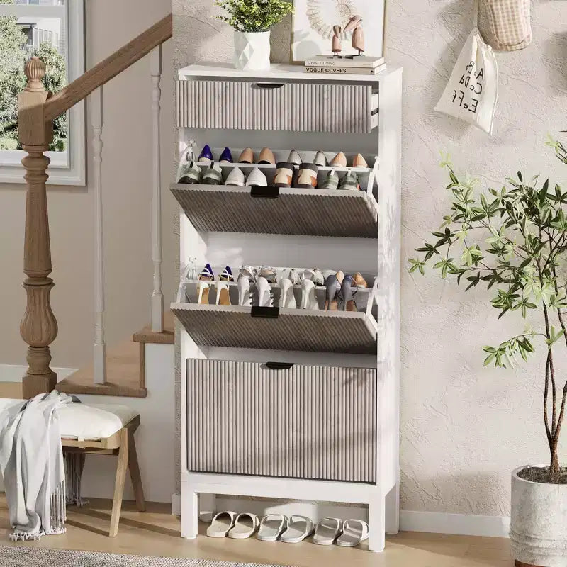 3 tiroirs abattants et 1 petit tiroir, meuble à chaussures, étagère à chaussures étroite en bois avec pieds en métal pour l'entrée