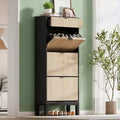 3 Flip Drawers & 1 Small Drawer, Shoe Cabinet, , Narrow Wooden Shoe Rack with Metal Legs for Entryway