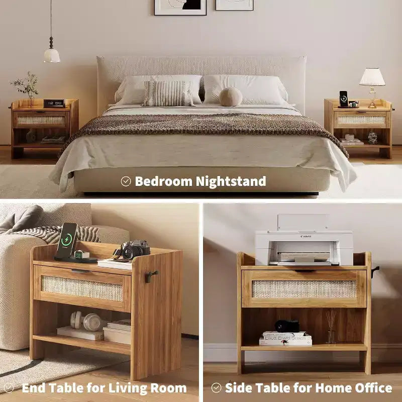 COZONY Table de Chevet en Rotin avec Station de Charge Type-C, Table de Chevet Bohème avec Tiroir et Compartiment Ouvert pour Chambre à Coucher
