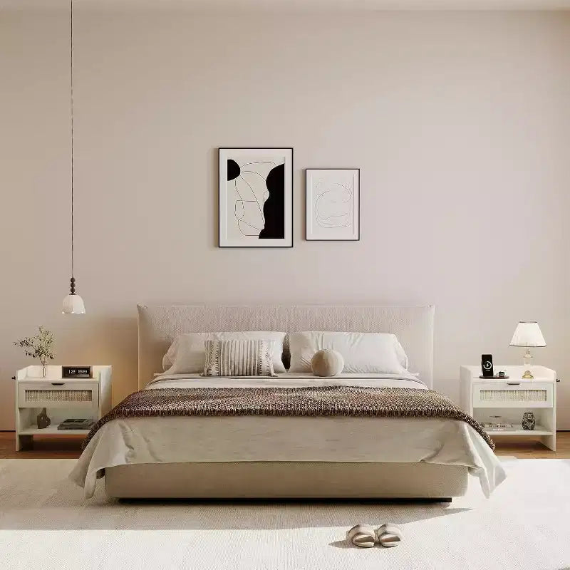 COZONY Table de Chevet en Rotin avec Station de Charge Type-C, Table de Chevet Bohème avec Tiroir et Compartiment Ouvert pour Chambre à Coucher