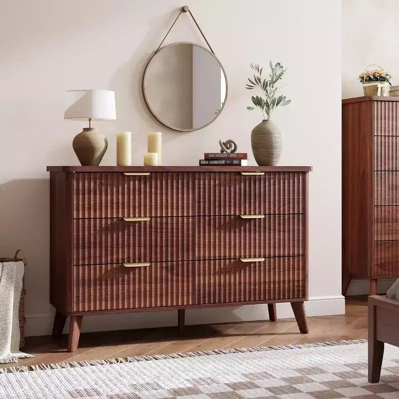 Commode à 6 tiroirs pour chambre à coucher, commode large de 120 cm avec profil incurvé