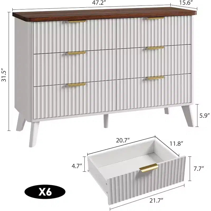 Commode à 6 tiroirs pour chambre à coucher, commode large de 120 cm avec profil incurvé