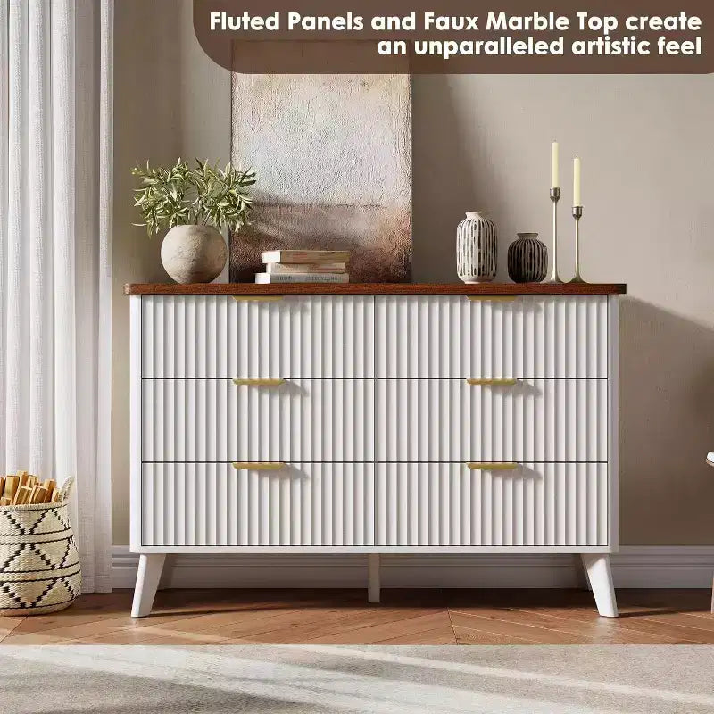 Commode à 6 tiroirs pour chambre à coucher, commode large de 120 cm avec profil incurvé