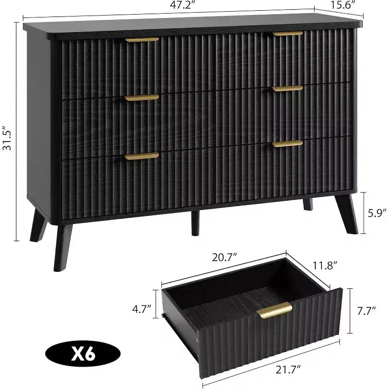 Commode à 6 tiroirs pour chambre à coucher, commode large de 120 cm avec profil incurvé