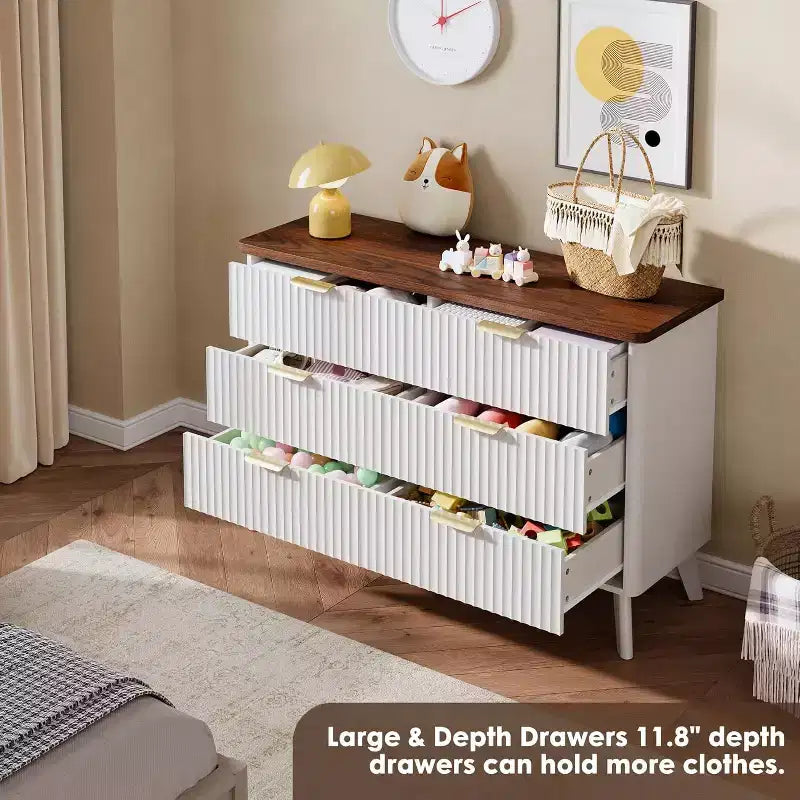 Commode à 6 tiroirs pour chambre à coucher, commode large de 120 cm avec profil incurvé