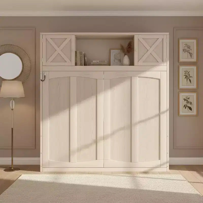Lit escamotable Polibi pleine grandeur avec rangement en hauteur et portes d'armoire décoratives