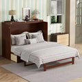 MAYEERTY Queen Size Murphy Bed, Pine Wood Cabinet Bed with Rattan Decoration and Storage Drawer Walnut