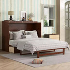 MAYEERTY Lit escamotable queen size, lit armoire en bois de pin avec décoration en rotin et tiroir de rangement Noyer