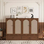 Lit escamotable Queen Size MAYEERTY avec station d'alimentation et panneau de décoration en rotin, en pin massif, couleur noyer, pour chambre à coucher