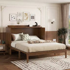 Lit escamotable Queen Size MAYEERTY avec station d'alimentation et panneau de décoration en rotin, en pin massif, couleur noyer, pour chambre à coucher