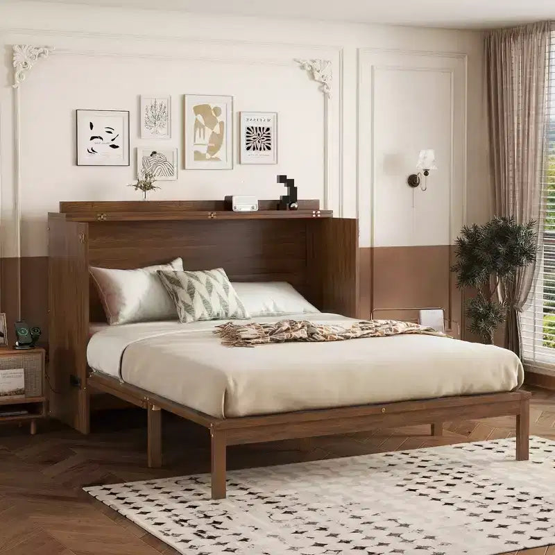 Lit escamotable Queen Size MAYEERTY avec station d'alimentation et panneau de décoration en rotin, en pin massif, couleur noyer, pour chambre à coucher