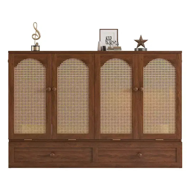 Lit escamotable Queen Size MAYEERTY avec station d'alimentation et panneau de décoration en rotin, en pin massif, couleur noyer, pour chambre à coucher