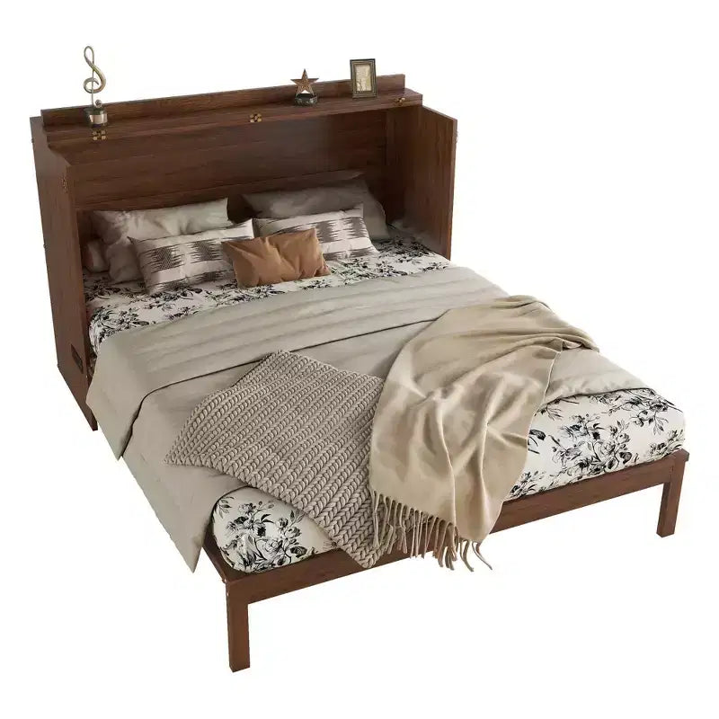 Lit escamotable Queen Size MAYEERTY avec station d'alimentation et panneau de décoration en rotin, en pin massif, couleur noyer, pour chambre à coucher