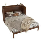 Lit escamotable Queen Size MAYEERTY avec station d'alimentation et panneau de décoration en rotin, en pin massif, couleur noyer, pour chambre à coucher