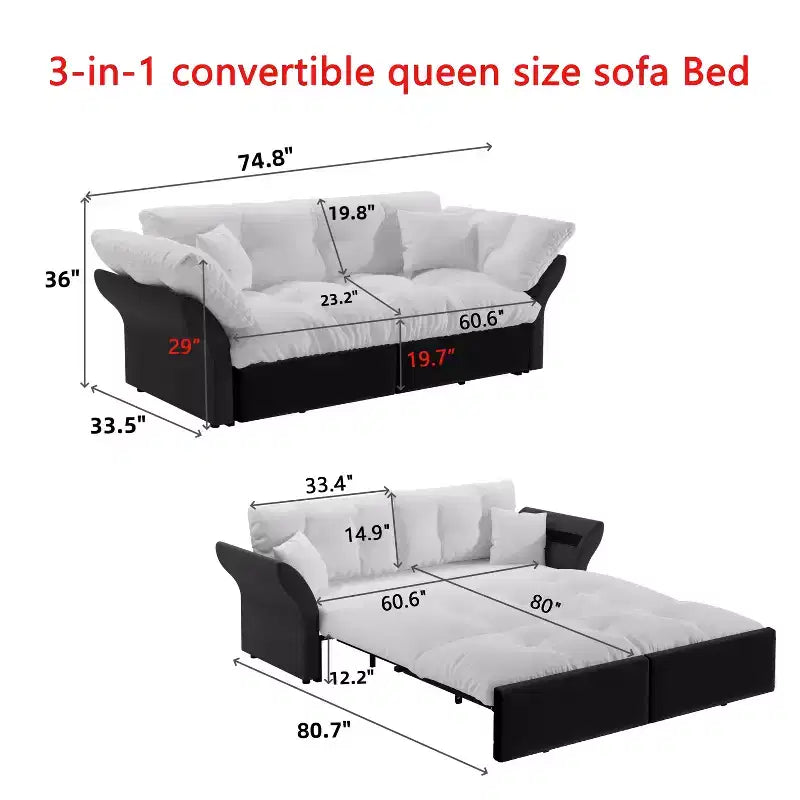 MAYEERTY Canapé-lit escamotable Queen 74,8 pouces, canapé-lit convertible 3 en 1 capitonné avec 2 oreillers moelleux, causeuse multifonctionnelle en velours bleu
