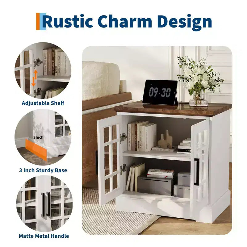 Table de chevet moderne en MDF blanc avec station de charge, porte en verre réglable et rangement | Table de chevet compacte et fonctionnelle pour chambre à coucher