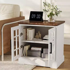 Table de chevet moderne en MDF blanc avec station de charge, porte en verre réglable et rangement | Table de chevet compacte et fonctionnelle pour chambre à coucher