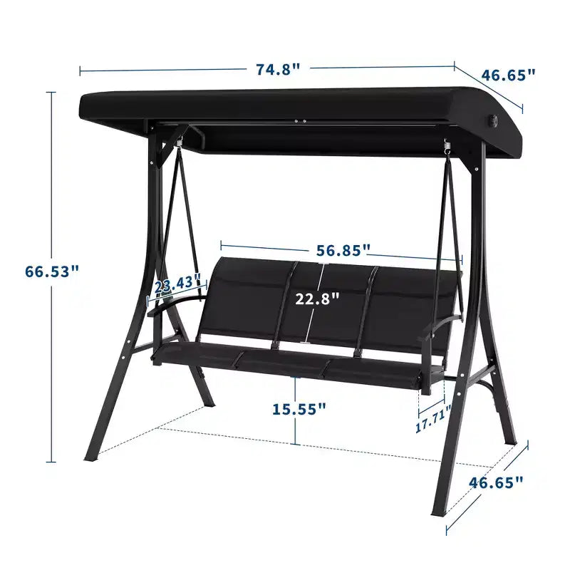 COZONY Balancelle de patio 3 places noire – Auvent et accoudoirs réglables, banc suspendu en tissu textilène respirant pour jardin, piscine, cour arrière
