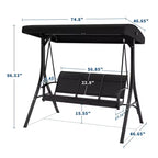 COZONY Balancelle de patio 3 places noire – Auvent et accoudoirs réglables, banc suspendu en tissu textilène respirant pour jardin, piscine, cour arrière