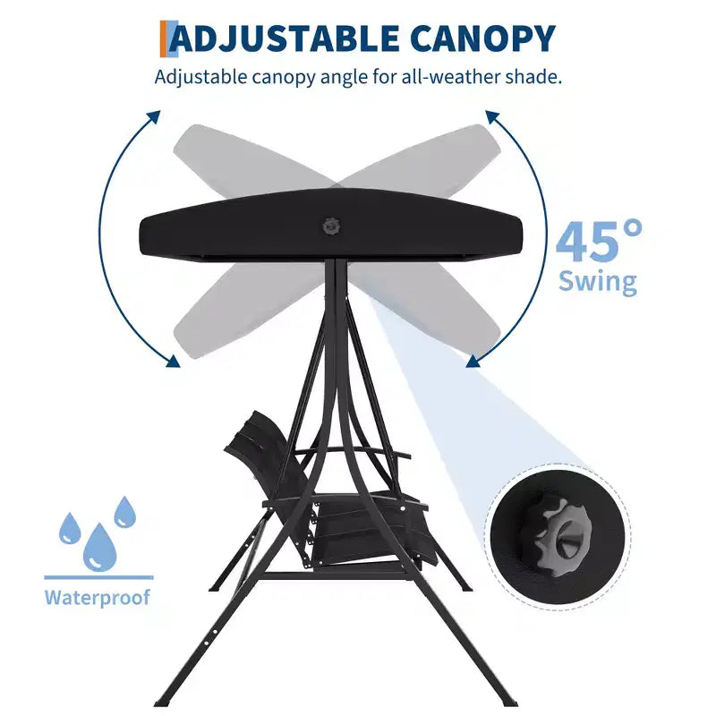 COZONY Balancelle de patio 3 places noire – Auvent et accoudoirs réglables, banc suspendu en tissu textilène respirant pour jardin, piscine, cour arrière