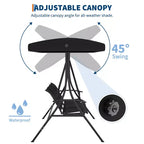 COZONY Balancelle de patio 3 places noire – Auvent et accoudoirs réglables, banc suspendu en tissu textilène respirant pour jardin, piscine, cour arrière