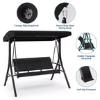 COZONY Balancelle de patio 3 places noire – Auvent et accoudoirs réglables, banc suspendu en tissu textilène respirant pour jardin, piscine, cour arrière