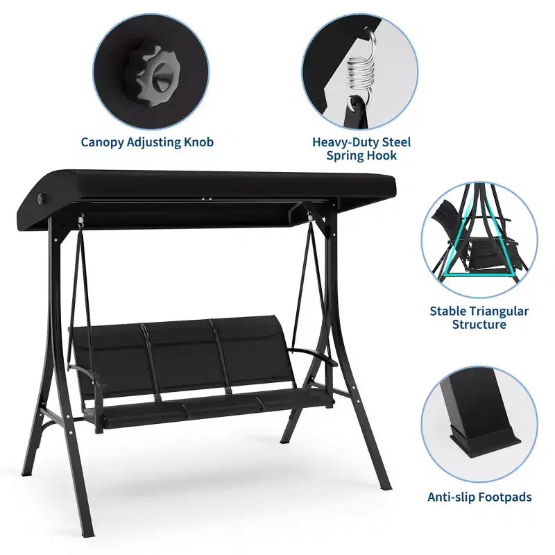 COZONY Balancelle de patio 3 places noire – Auvent et accoudoirs réglables, banc suspendu en tissu textilène respirant pour jardin, piscine, cour arrière