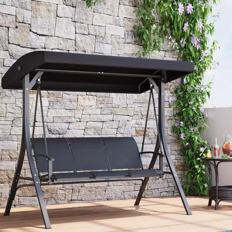 COZONY Balancelle de patio 3 places noire – Auvent et accoudoirs réglables, banc suspendu en tissu textilène respirant pour jardin, piscine, cour arrière