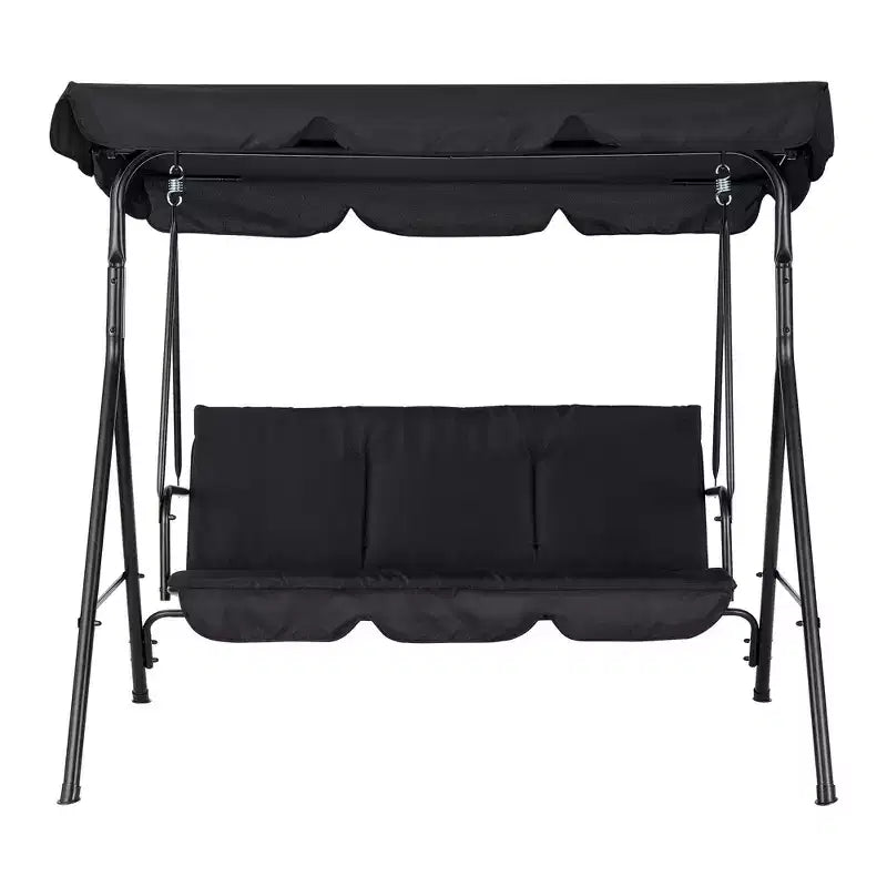 COZONY Balancelle de patio 3 places noire – Auvent et accoudoirs réglables, banc suspendu en tissu textilène respirant pour jardin, piscine, cour arrière